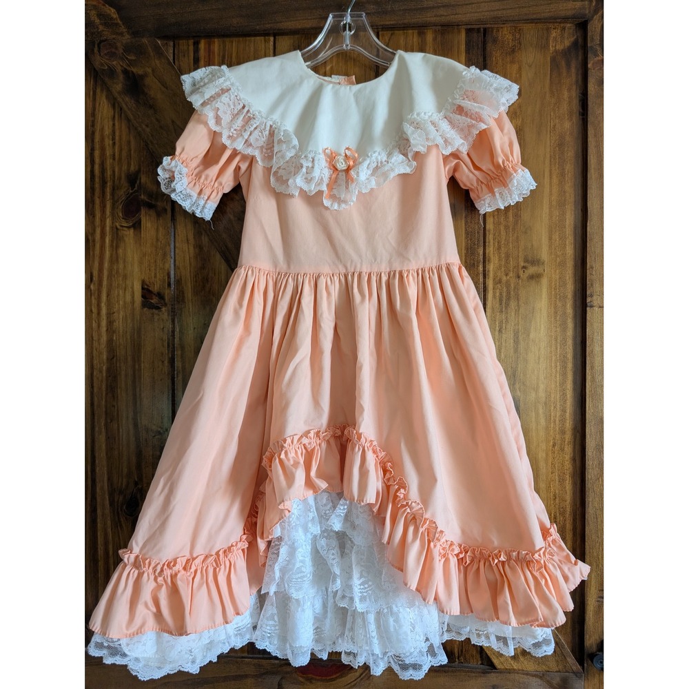 Vintage Dolls & Darlings Peach Lace High Low Ruffle Party Dress Girls 12 USA